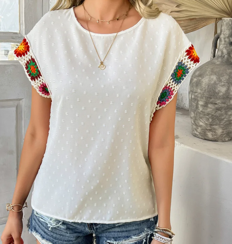 New Fashion 2025 Summer Casual Casual Color Blocking Vacation Polka Dot Embroidered Short Sleeved Top Shirt Women's Clothing