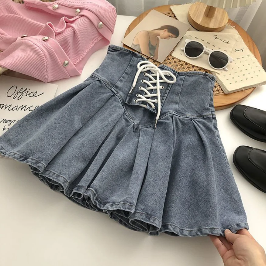 Jeans Dresses Woman Sexy Denim Pleated Skirt Versatile Woman Clothing Y2K Street Summer Cross Strap Mini Skirt Fashion Skirts - Image 3