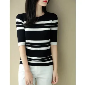 Women T-shirt Summer Spring Korean Fashion Sweater Short Sleeve Striped O Neck Ladies Top Slim Pullover Tees Clothing
