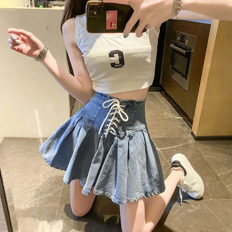 Jeans Dresses Woman Sexy Denim Pleated Skirt Versatile Woman Clothing Y2K Street Summer Cross Strap Mini Skirt Fashion Skirts - Image 2